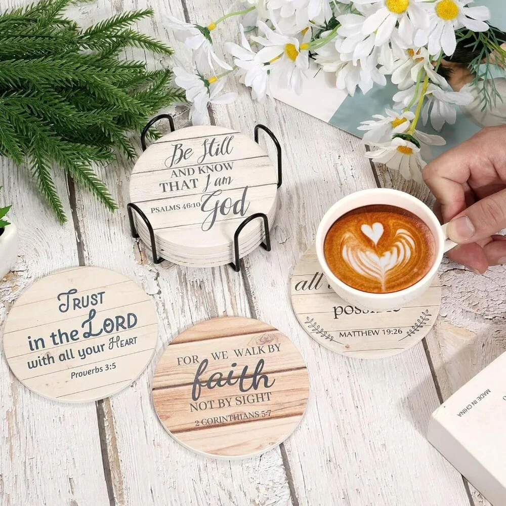 Ceramic Coasters with Bible Verses, Christian Coasters Set of 8 with Holder, Abs